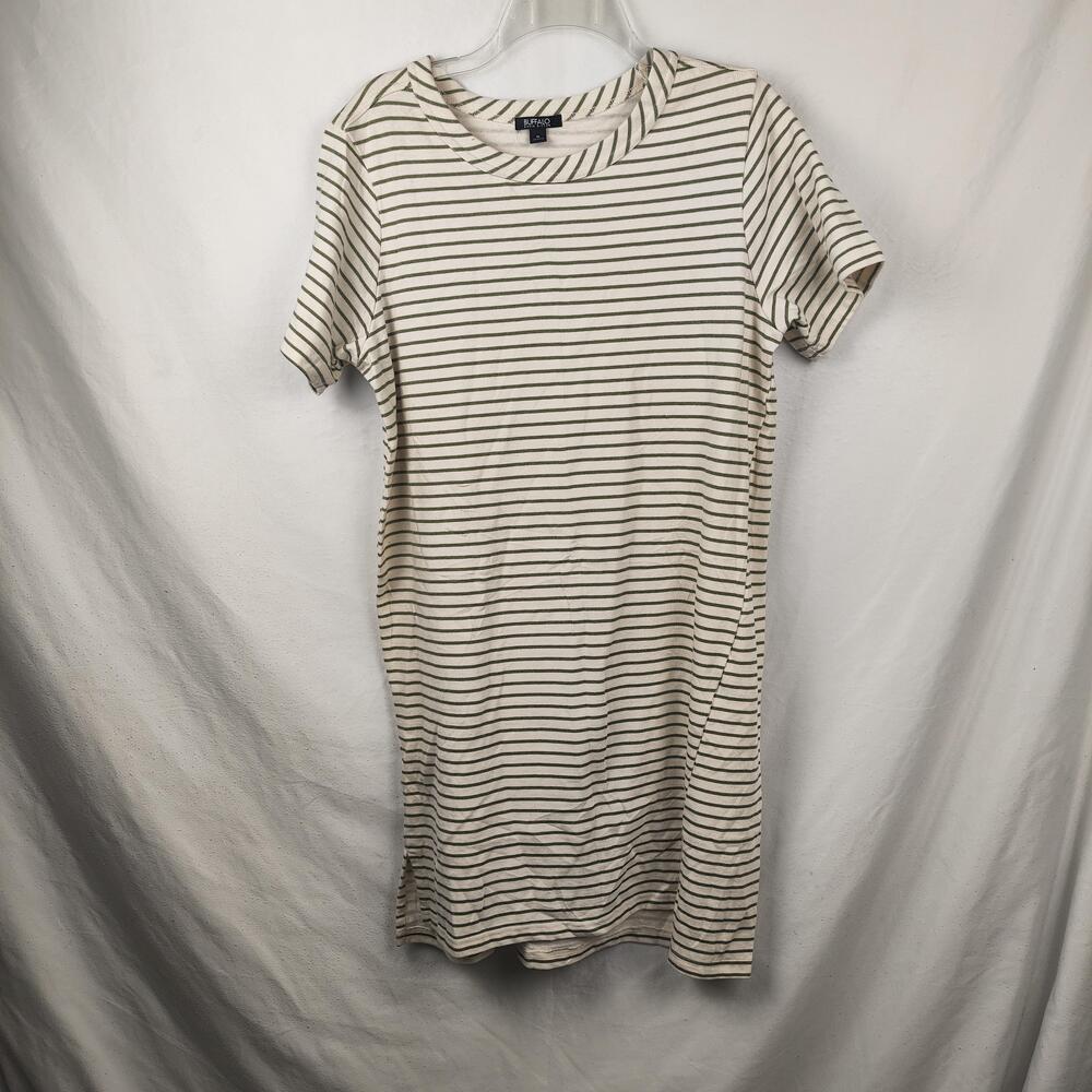 Buffalo David Bitton Shirt Mens Medium White Green Striped Crewneck Tee Casual